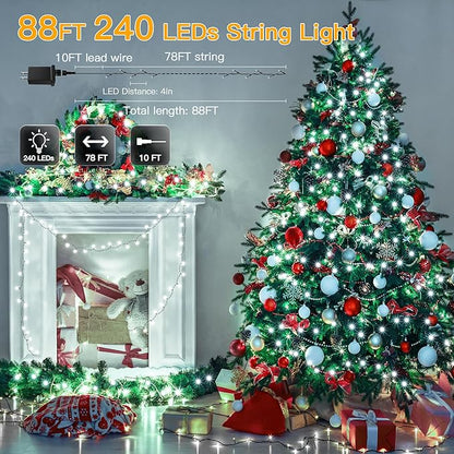 240LED 88Ft Christmas Lights with Memory, 13 Modes Waterproof Xmas String Lights Outdoor with Timer, Christmas Decorations for Indoor Patio Garden Party Home(Cold White)