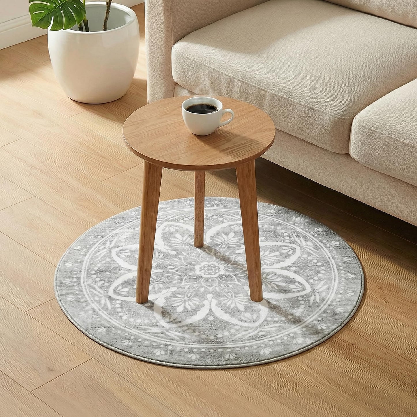 Carvapet 2ft Small Round Rugs - 24 inch/61 cm Mini Doormat Washable Vintage Non-Slip Circle Rug with Rubber Backing Foldable Low Pile Design for Entryway Living Room Bedroom, Grey Mini Rug