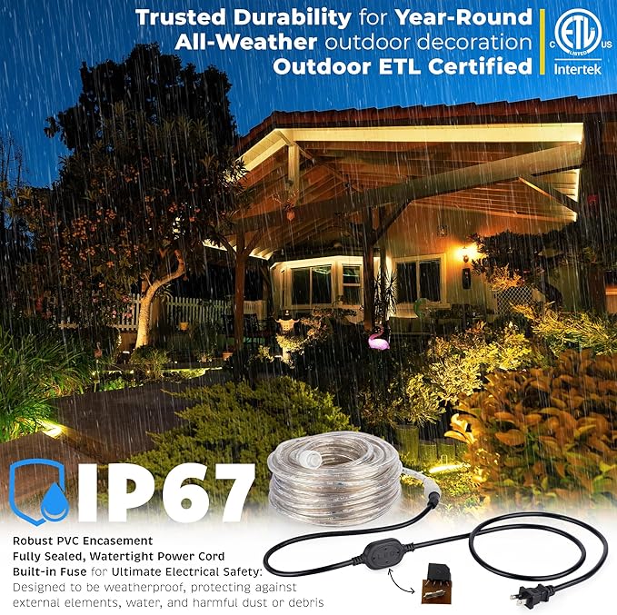 WYZworks 108LEDs, 10ft LED Rope Light, Connectable Waterproof Permanent Outdoor Clear PVC Tube, ETL Certified, Christmas Trees Holiday Decorative Landscape Backyard Patio Accent Lighting - Warm White
