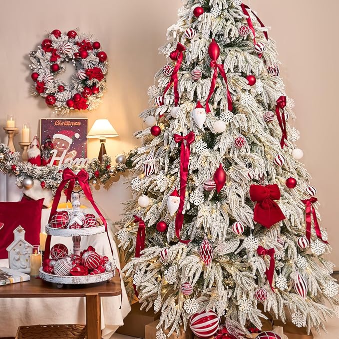 JORNOY Christmas Balls Ornaments, 30ct Shatterproof Xmas Tree Decorations, Hanging Bulbs Baubles Set with String for Holiday Home Party Decor, 2.36 inch/60mm, Red&White