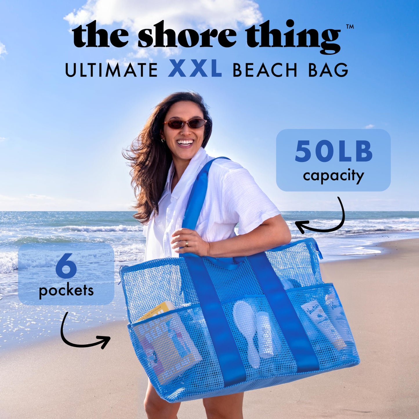 Fit & Fresh The Shore Thing™ Marine Grade Mesh Beach Bag with Pockets - Waterproof Sandproof Tote Bag, Lightweight Foldable Tote Bag, XL Travel Bag, Beach Vacation Essentials, Marina Blue