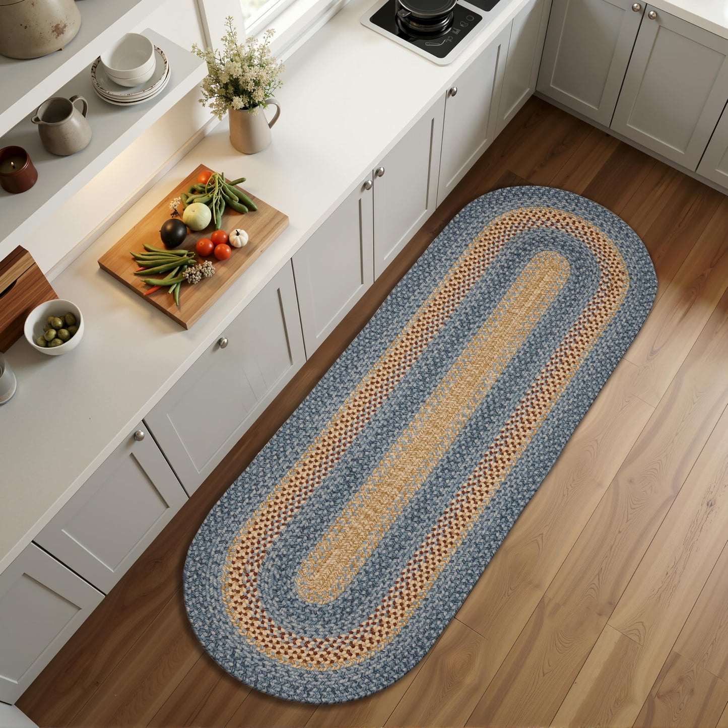 RCTJHOME 2'x6' Oval Braided Runner Rug, Long Hallway & Kitchen Farmhouse Rug, Door Mat with Anti-Slip Pads for High Traffic Areas Without Rubber Rope Rug,Natural, Rust, Blue