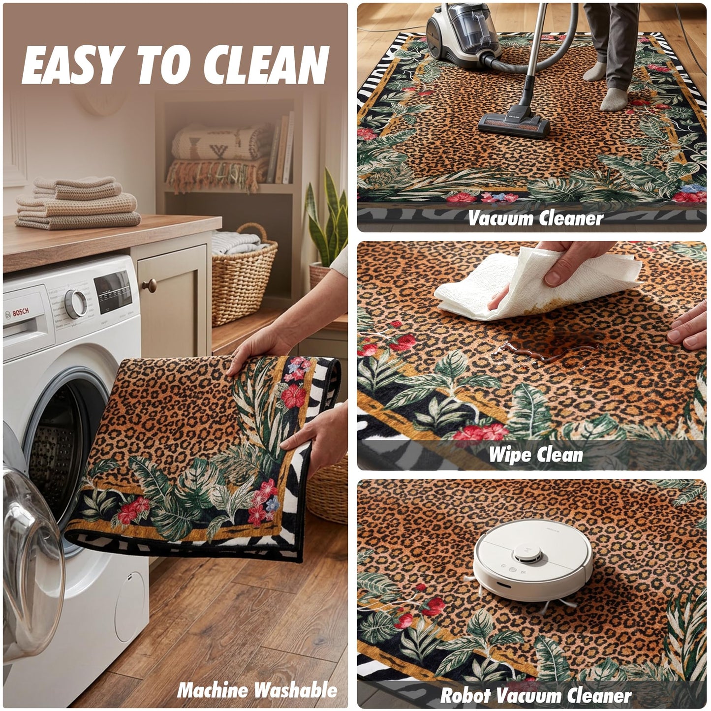 SAIFILI Leopard Area Rugs for Living Room 5×7, Washable Cheetah Rug with Zebra-Striped Border, Non-Slip Low Pile Animal Print Carpet for Bedroom, Dining Room, Playroom, Home Decor