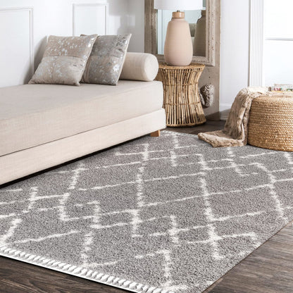JONATHAN Y Mercer Shag Plush Tassel Gray/Ivory Indoor Area Rug, 3x5, Moroccan Geometric Trellis, Contemporary, Easy-Cleaning for Living Room, Bedroom, Kitchen, Pet Friendly, Non-Shedding (MCR102C-3)