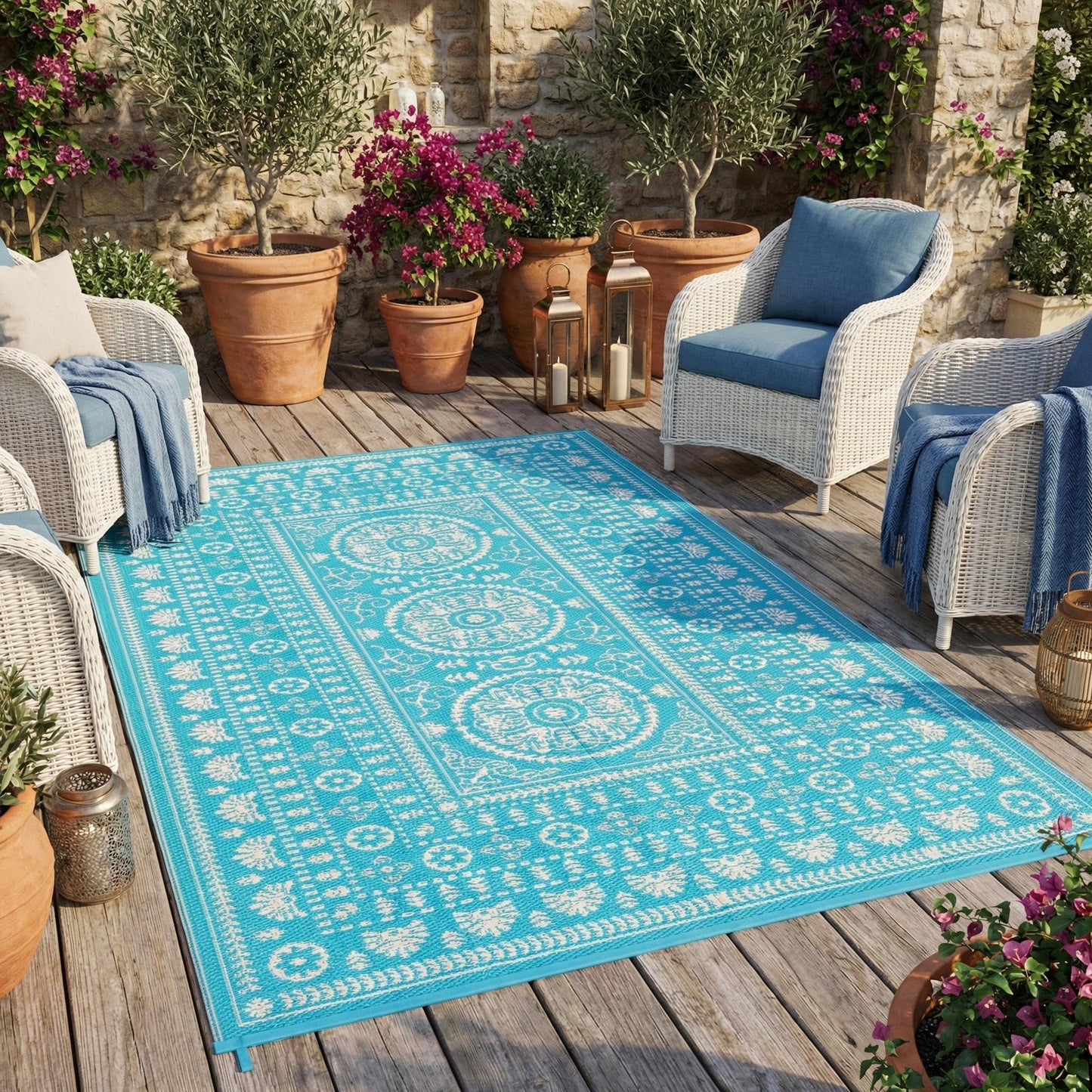 Garvee Reversible Outdoor Rug 5x8 for Patio, Waterproof Outdoor Area Rug, Boho Medallion Indoor Outdoor Carpet for Porch, Plastic Straw Rug for RV, Camping, Deck, Blue and White