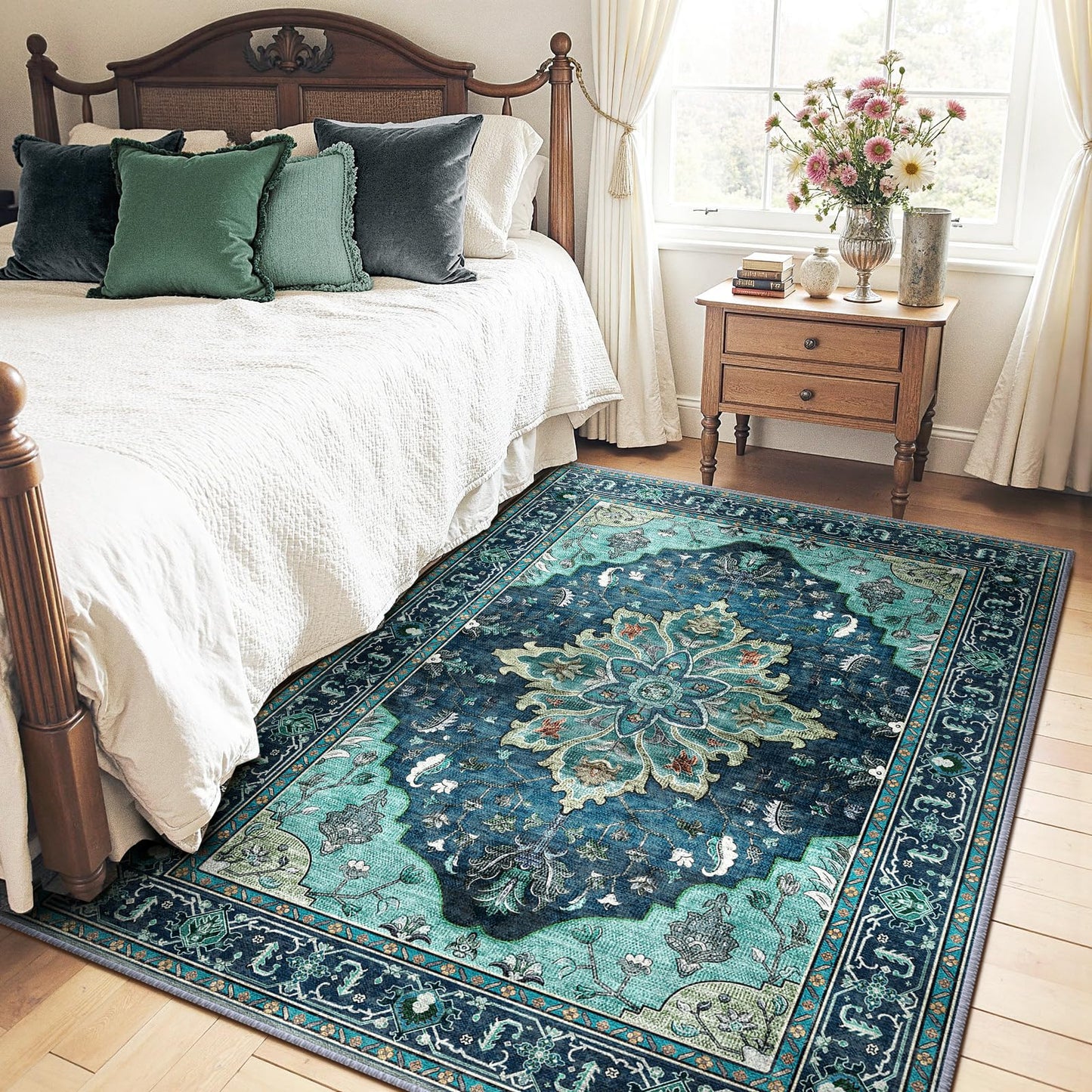 RELEANY Area Rugs 5'x7' Washable Non-Slip, Floral Vintage Distress Medallion Carpet for Living Room Bedroom Dining Room, Teal Green Lake Blue Turquoise