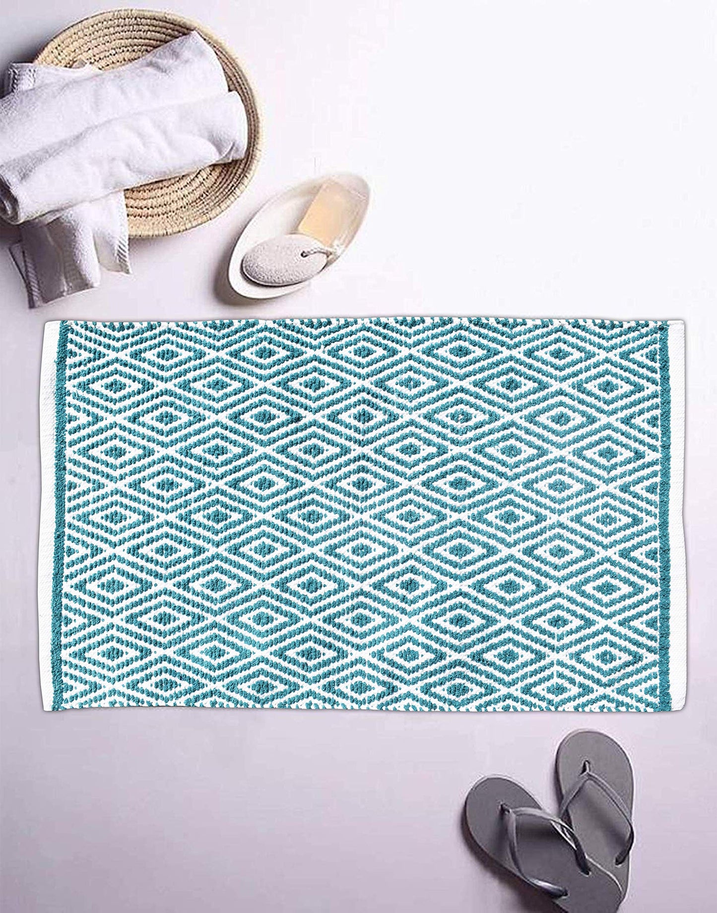 Ramanta Home 100% Cotton Diamond Handwoven Reversible Rug 21x34 Inch– Teal| Soft Washable Area Rug for Bathroom, Kitchen, Bedroom, Entryway | Durable Lightweight Handmade Accent Floor Mat | Boho Décor