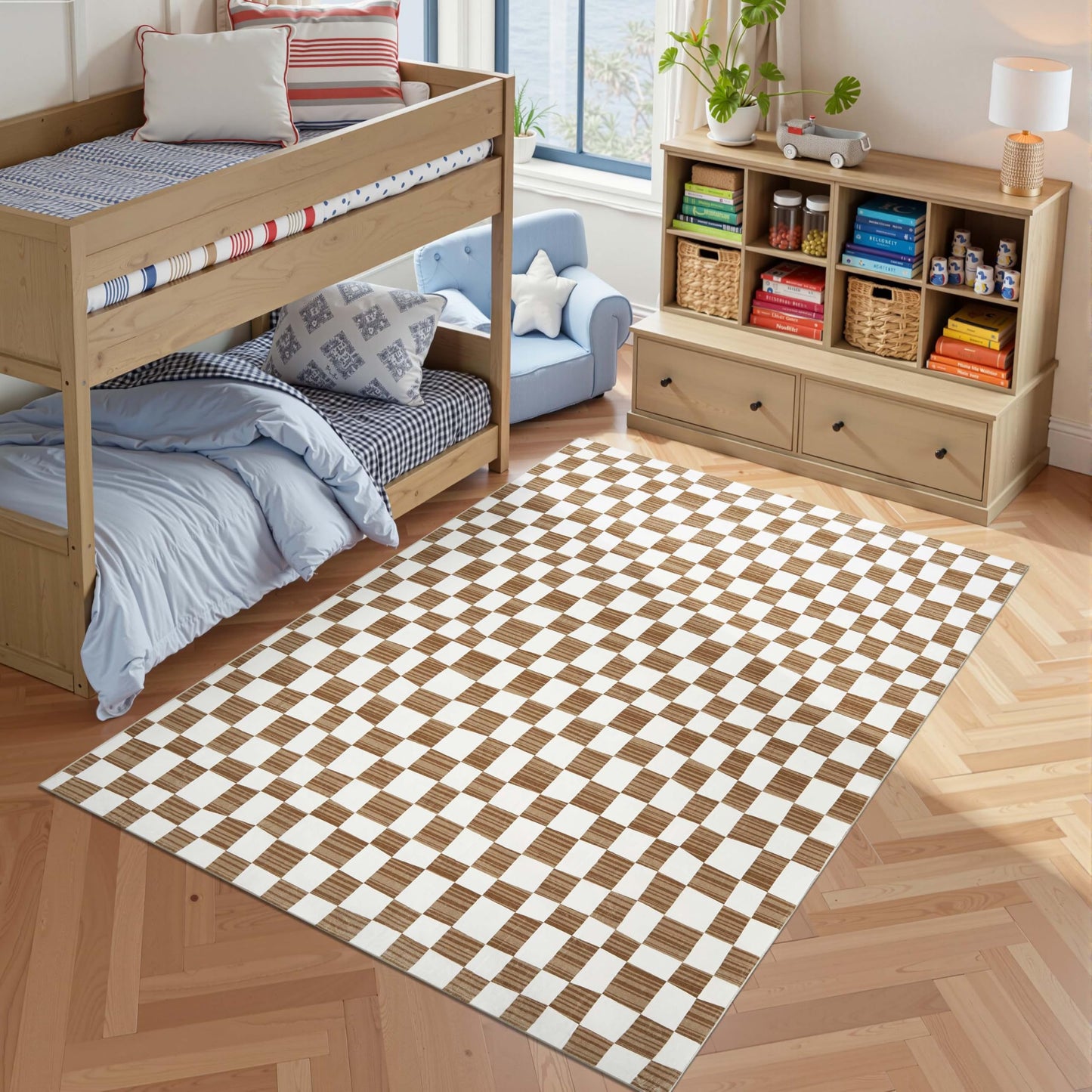 jinchan 5x7 Brown Checkered Area Rugs for Kids Room - Machine Washable Rug Modern Neutral Geometric Lattice Soft Non-Slip Carpet for Nursery Playroom Classroom Living Room Bedroom Home Office