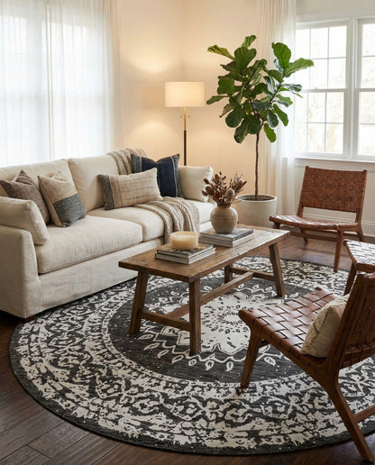 Rugs.com Outdoor Traditional Collection Rug – 10 Ft Round Black and White Flatweave-Pile Rug Perfect for Kitchens, Dining Rooms