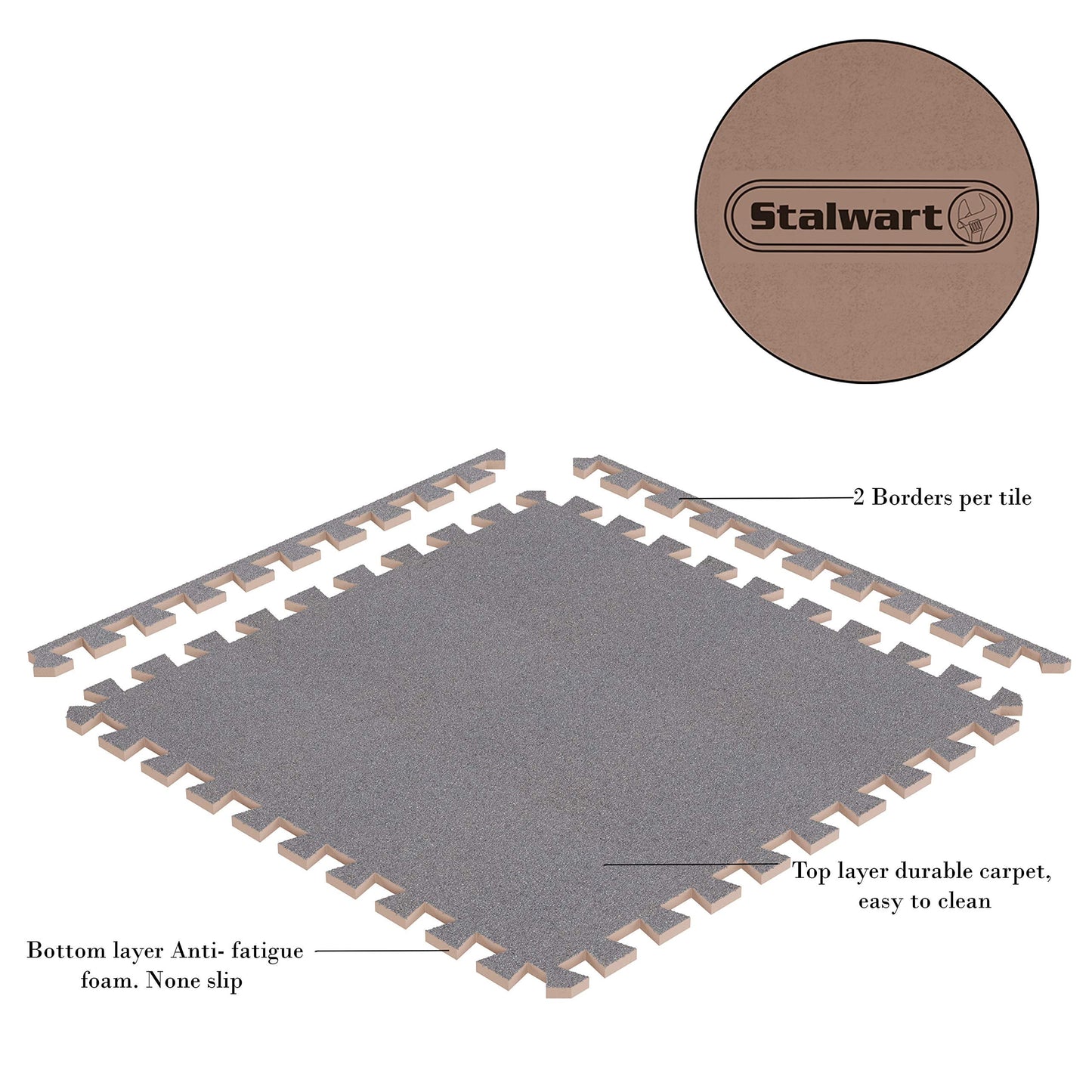 Stalwart Foam Mat Floor Tiles-Interlocking EVA Foam Padding with Soft Carpet Top for Exercise, Yoga, Kids Playroom, Garage, Basement-6PC Set (Gray)