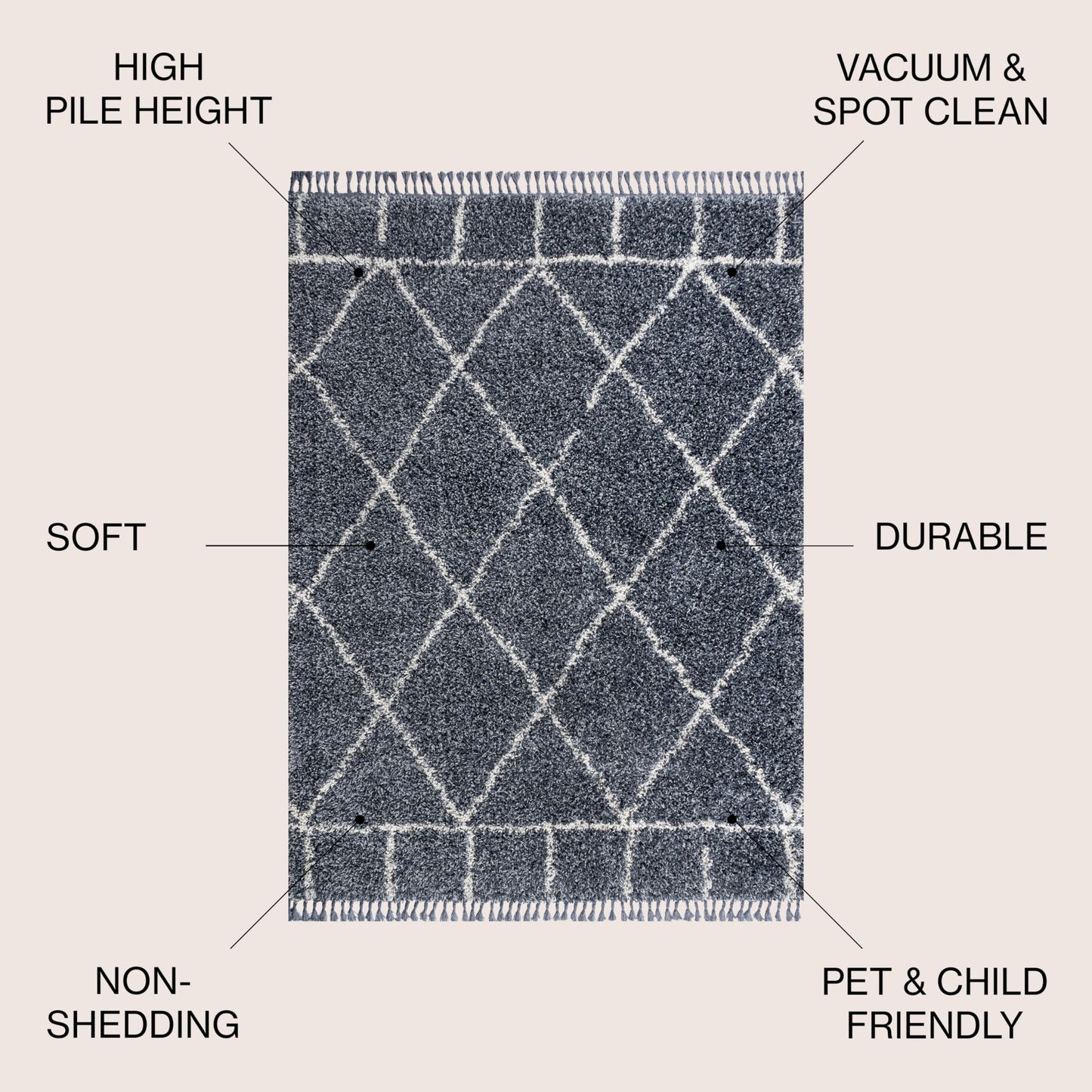 JONATHAN Y Mercer Shag Plush Tassel Blue/Cream Indoor Area Rug, 8x10, Moroccan Geometric Trellis, Easy-Cleaning for Living Room, Bedroom, Kitchen, Pet Friendly, Non-Shedding (MCR101A-8)