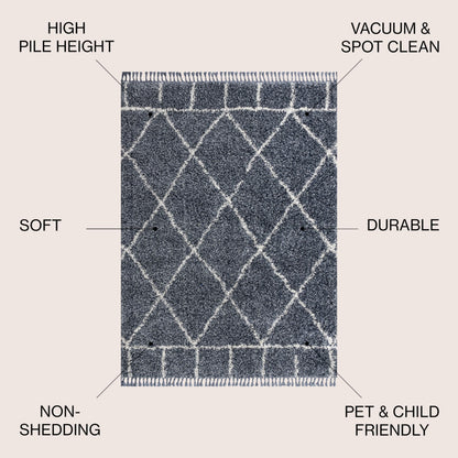 JONATHAN Y Mercer Shag Plush Tassel Blue/Cream Indoor Area Rug, 8x10, Moroccan Geometric Trellis, Easy-Cleaning for Living Room, Bedroom, Kitchen, Pet Friendly, Non-Shedding (MCR101A-8)