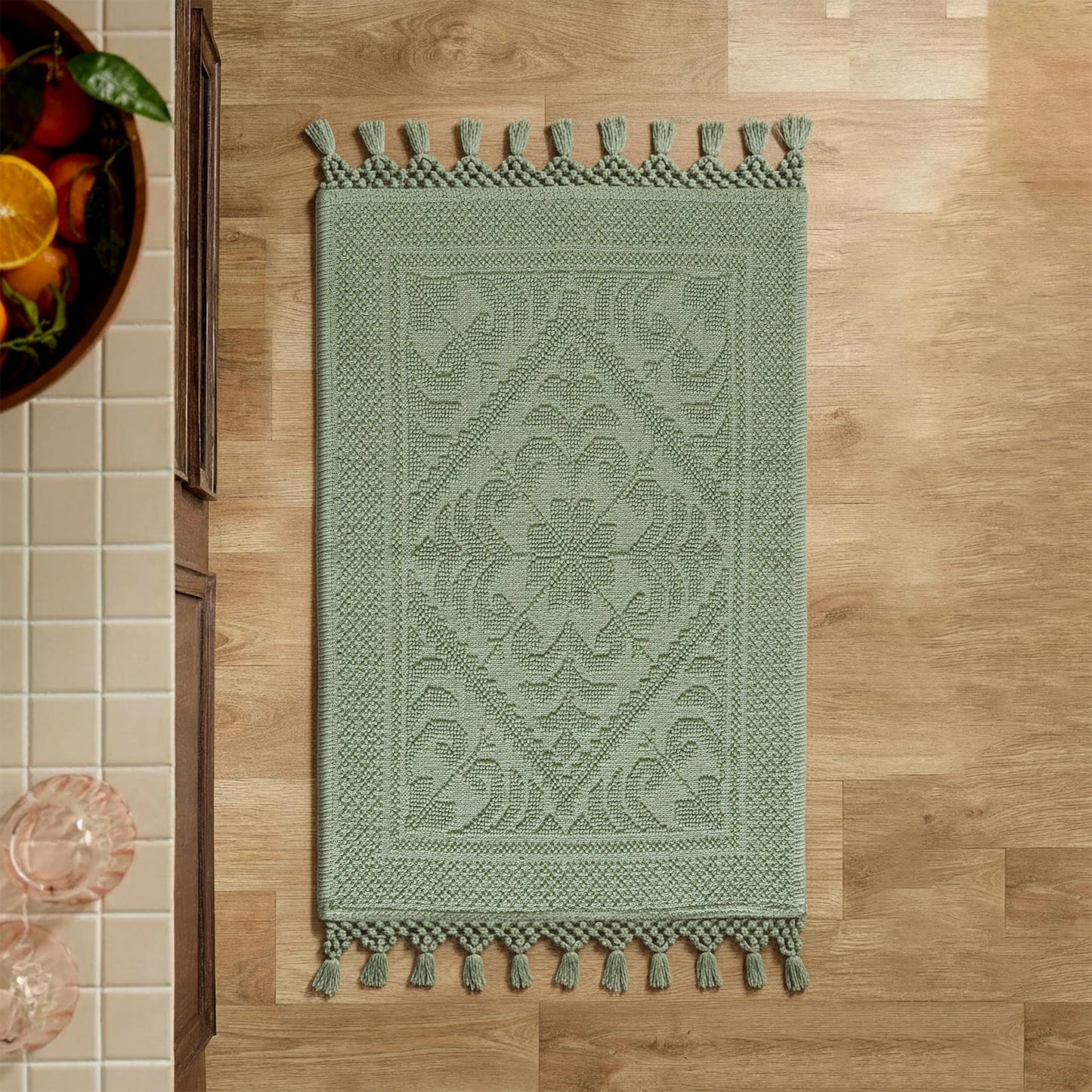 Savi Home Cotton Woven Jacquard Bathroom Rug Set of 2, Woven Fringe Bathroom Mats, 100% Cotton, Non - Slip Bath Mat, Durable Thick Bath Mat 17”x30”+ 20"x38" with Fringes, Sage Green