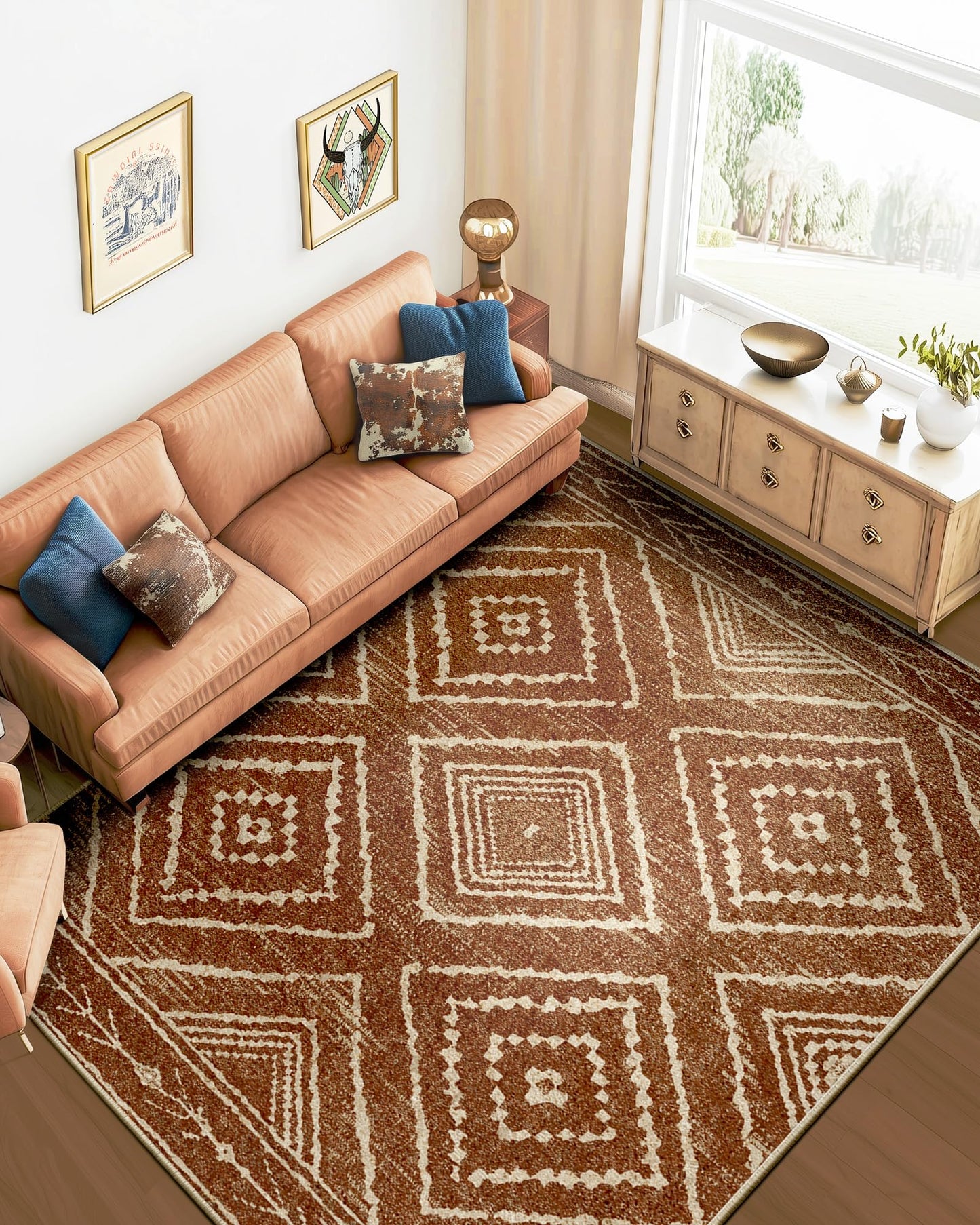 BESTSWEETIE Area Rug 8x10 Rug Machine Washable Non-Slip Low Pile Print Pattern Western Rug for Living Room Bedroom Entryway Tribal Series -Yellowbrown/Cream