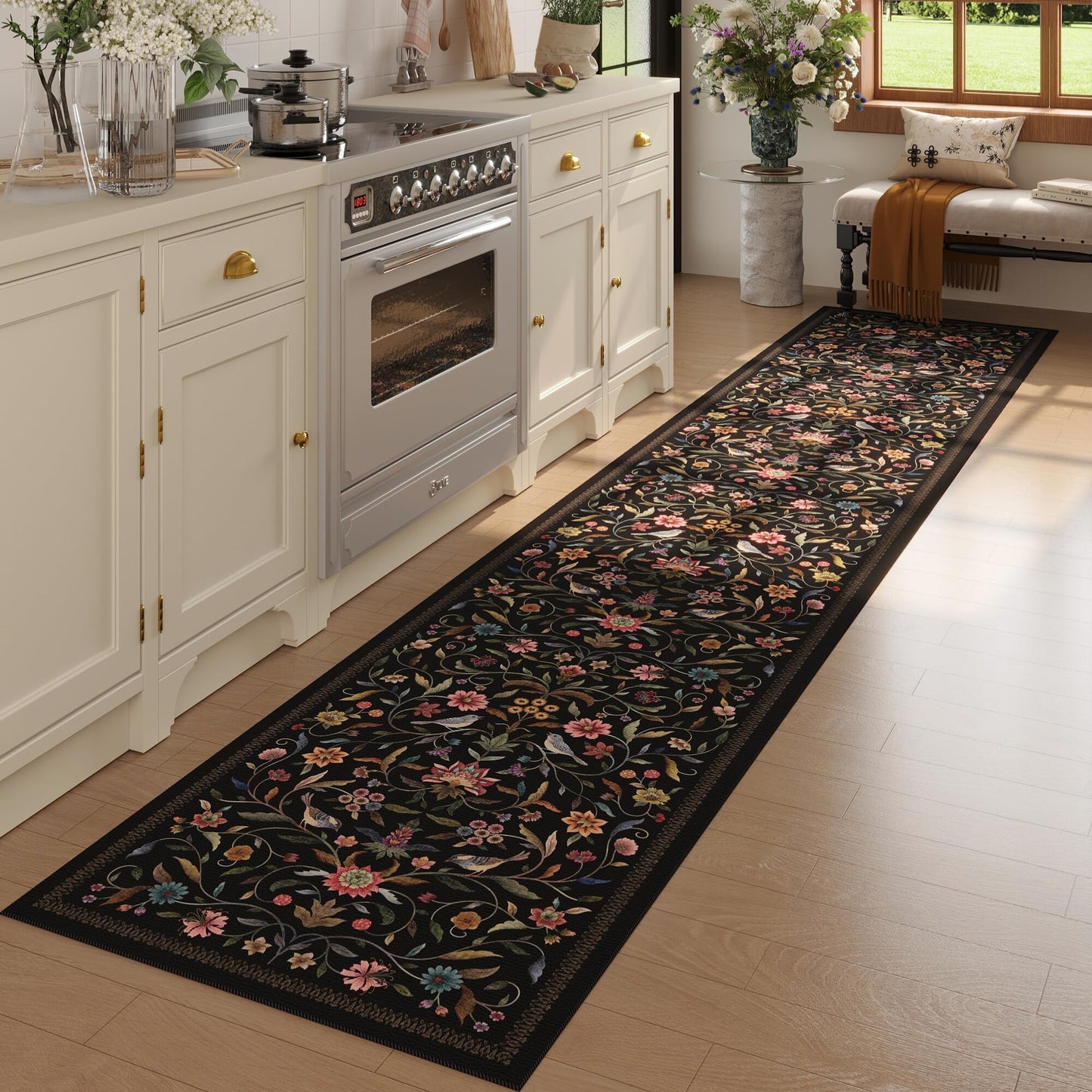 Vowkten Vintage Medallion Floral Runner Rug Non Slip 2x10, Machine Washable, Soft Low Pile Long Carpet for Hallways, Laundry, Bedroom, Bathroom, Entryway | Black