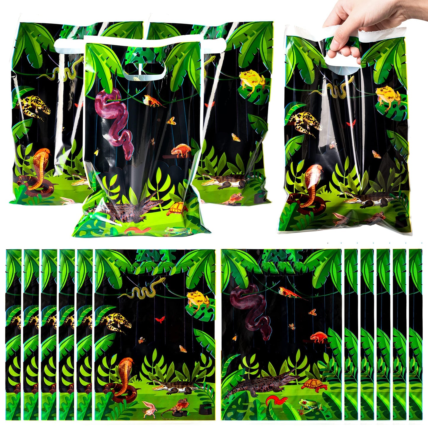 BkeeCten Goodie Party Favor Bags - 50 Pack Reptile Swamp Party Favor Bags Lizard Snake Goody Candy Treat Christmas Winter Xmas New Year Gifts Wrapping Plastic Wildlife Jungle Animal Gift Wrap Kids
