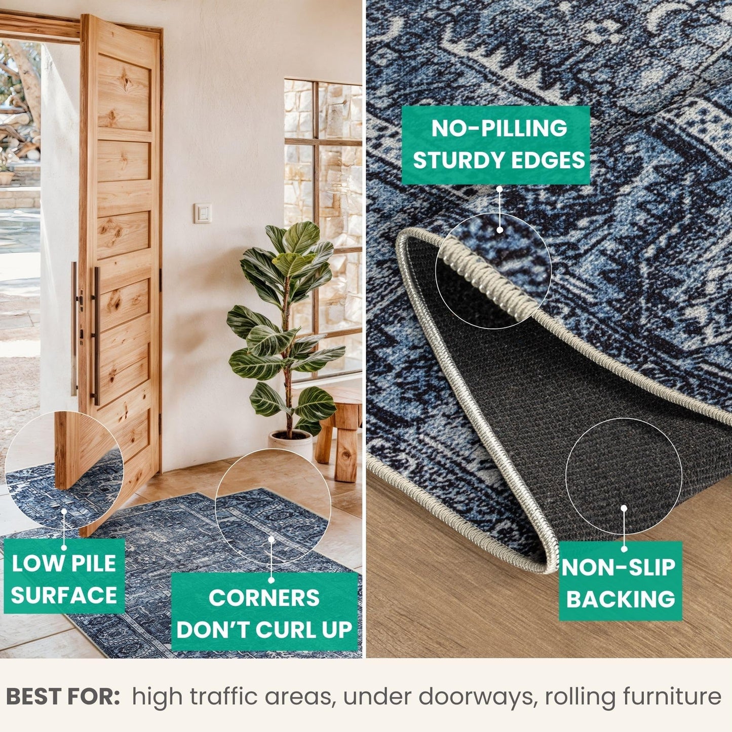 Bloom Rugs Washable Non-Slip 5' x 7' Rug - Blue Traditional Area Rug for Living Room, Bedroom, Dining Room, and Kitchen - Exact Size: 5' x 7'