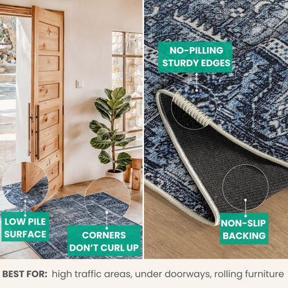 Bloom Rugs Washable Non-Slip 5' x 7' Rug - Blue Traditional Area Rug for Living Room, Bedroom, Dining Room, and Kitchen - Exact Size: 5' x 7'