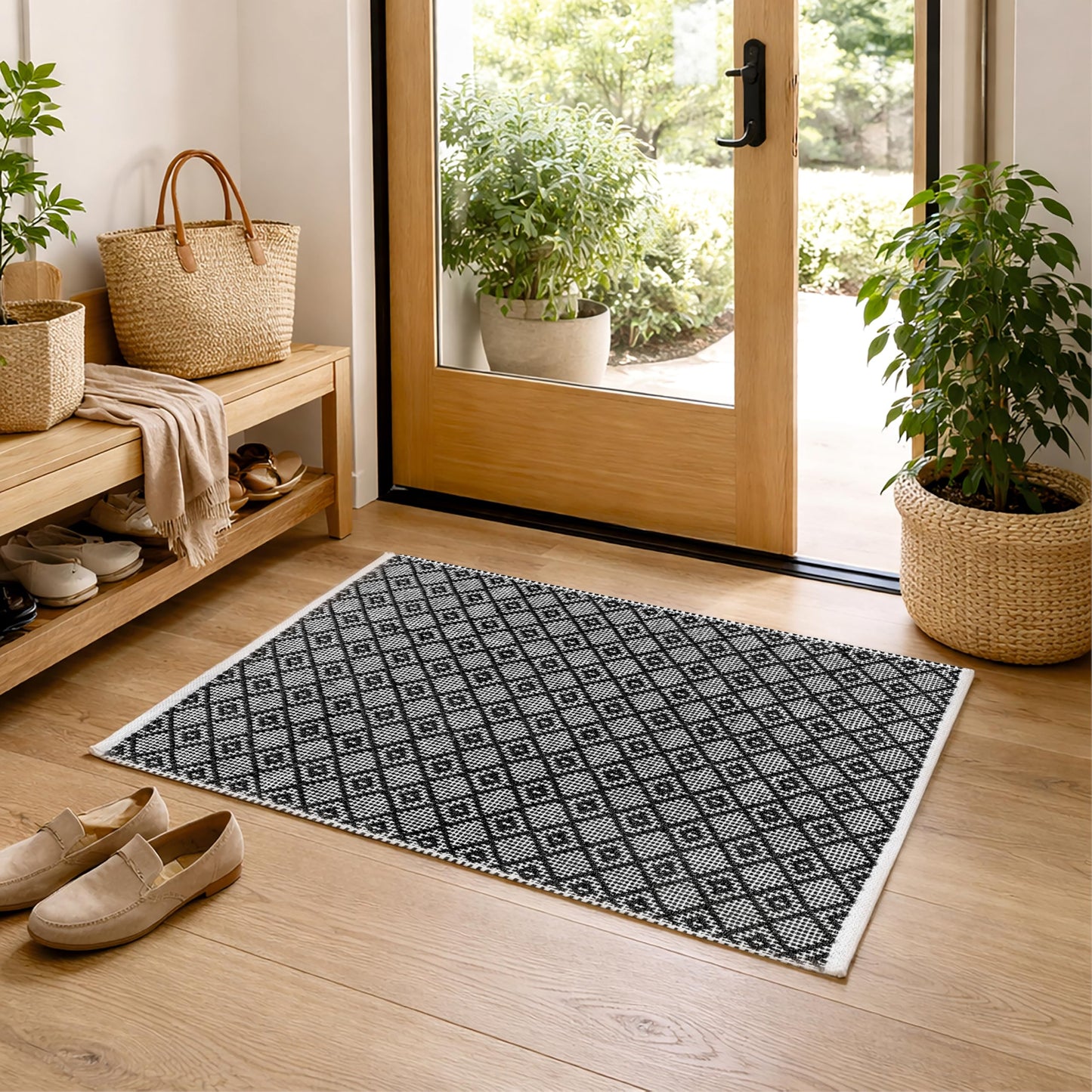 Cotton Diamond Woven Area Rug 2x3 Feet - Black, Non Slip Farmhouse Accent Indoor Outdoor Area Floor Mat Ideal for Entryway, Nursery, Kitchen | Boho Soft Decorative Dark Bedroom Patio Throw Carpet