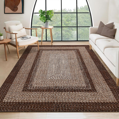 RUGSREAL 8x10 Area Rug Washable Large Living Room Rug Non Slip Farmhouse Rustic Floor Carpet Boho Accent Bedroom Rug Modern Geometric Throw Floor Cover Bohemian Border Carpet, Brown