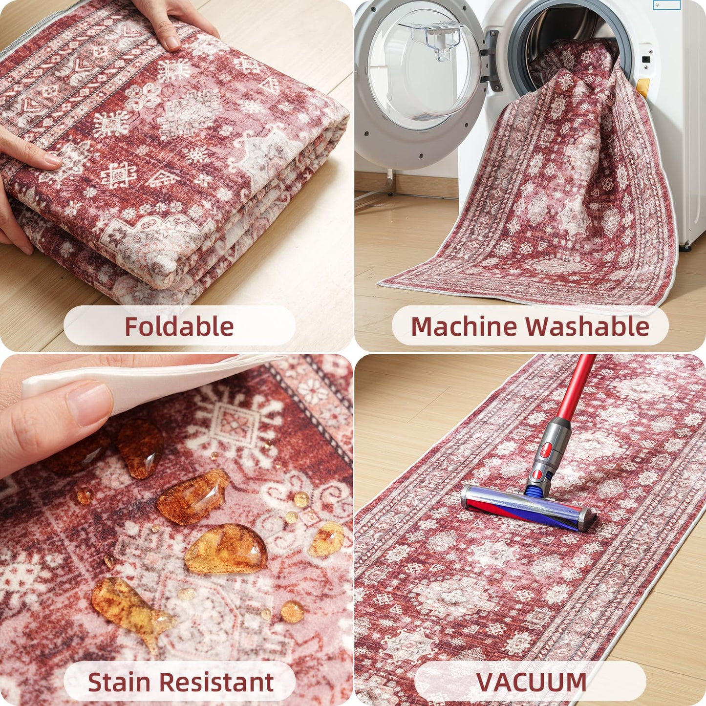 Nestiva 2x6 Runner Rug Non Slip Washable Carpet with Rubber Backing Soft Floral Boho Runner for Hallways, Kitchen, Laundry, Bedroom, Burgundy