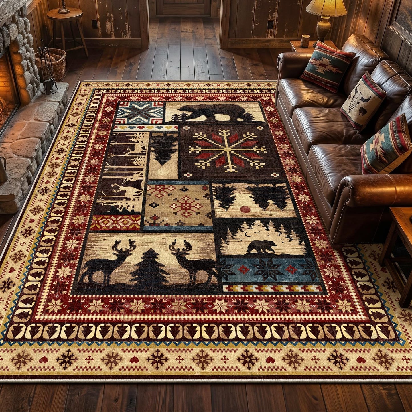 LOKHOM Rustic Cabin Area Rug 8x10, Machine Washable Bear Print Rug, Non-Slip Low Pile Soft Large Southwestern Lodge Rug for Bedroom Living Room Dining Room