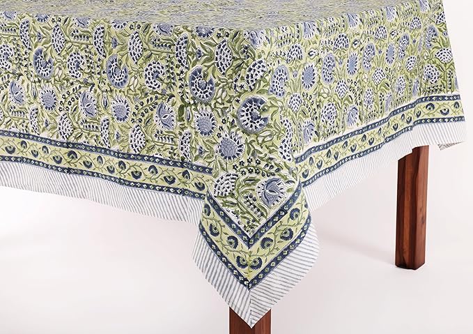 ATOSII Amara Green 100% Cotton Square Fall Tablecloth, Handblock Floral Print Linen Table Cloth for Kitchen Dining I Weddings, Outdoors, Parties, Easter I Fall Decor 60 X 60 Inches I 4 Seater