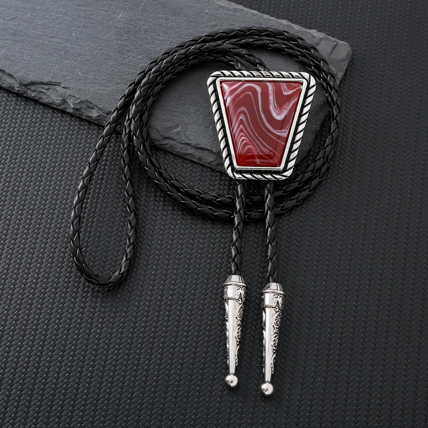 Western Cowboy Bolo Tie for Men, Rodeo Black Red Agate Leather Necktie, Retro Cowgirl Costume Concert Accessory for Women (Red)