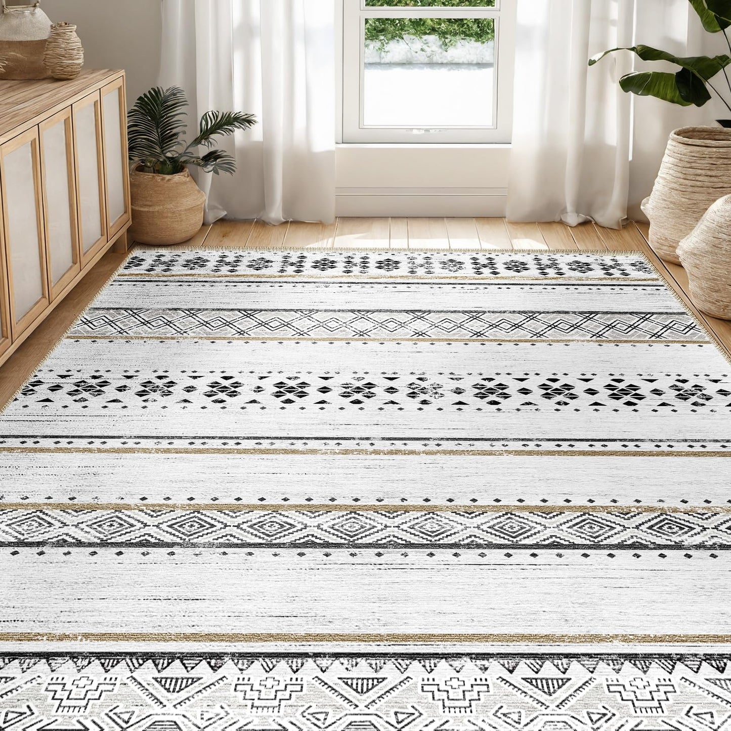 BESTSWEETIE 5x7 Area Rugs for Living Room Washable Moroccan Farmhouse Neutral Geometric Low Pile Non-Slip Soft Print Pattern Rug for Bedroom Kitchen Dining Room Entryway Black/Brown