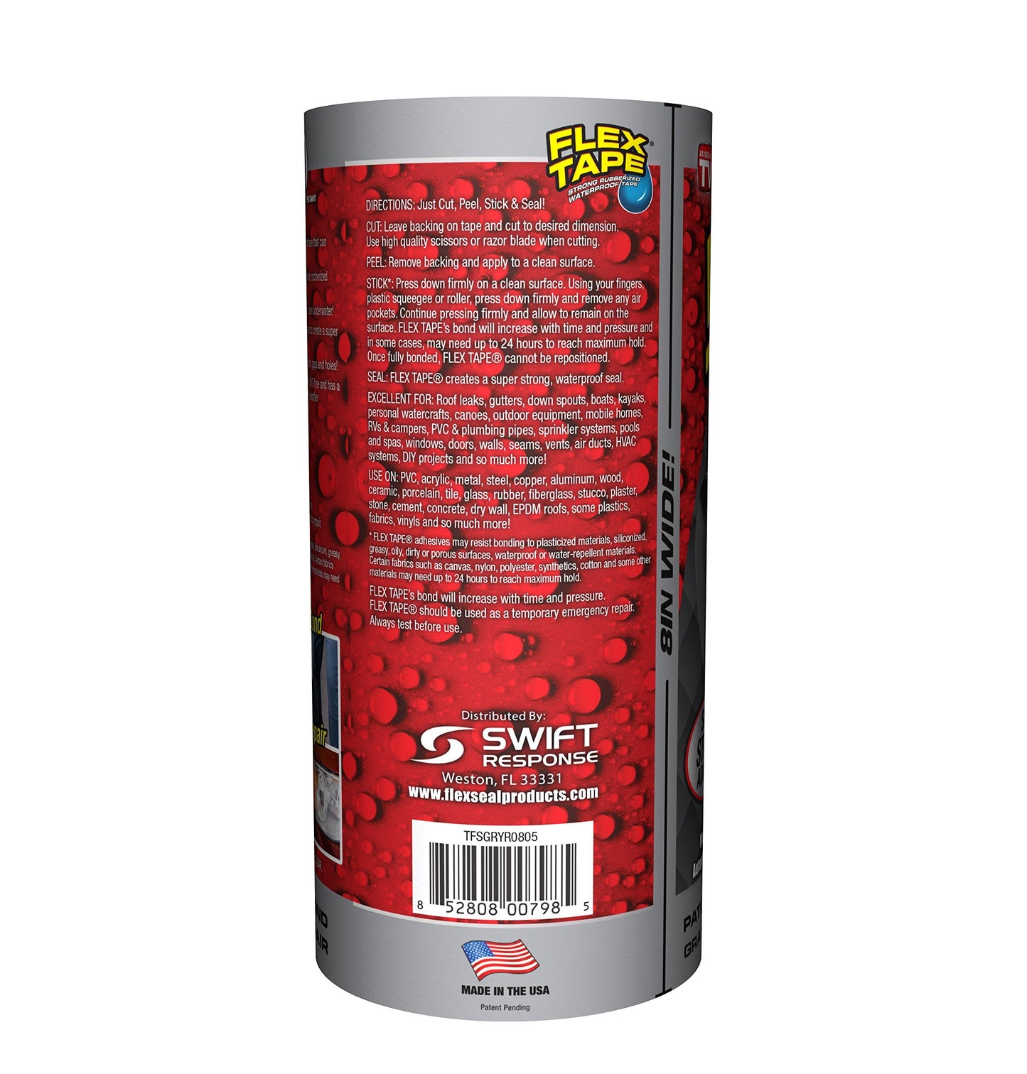 Flex Tape, 8 in x 5 ft, Gray, Original Thick Flexible Rubberized Waterproof Tape - Seal and Patch Leaks, Works Underwater, Indoor Outdoor Projects - Home RV Roof Plumbing and Pool Repairs