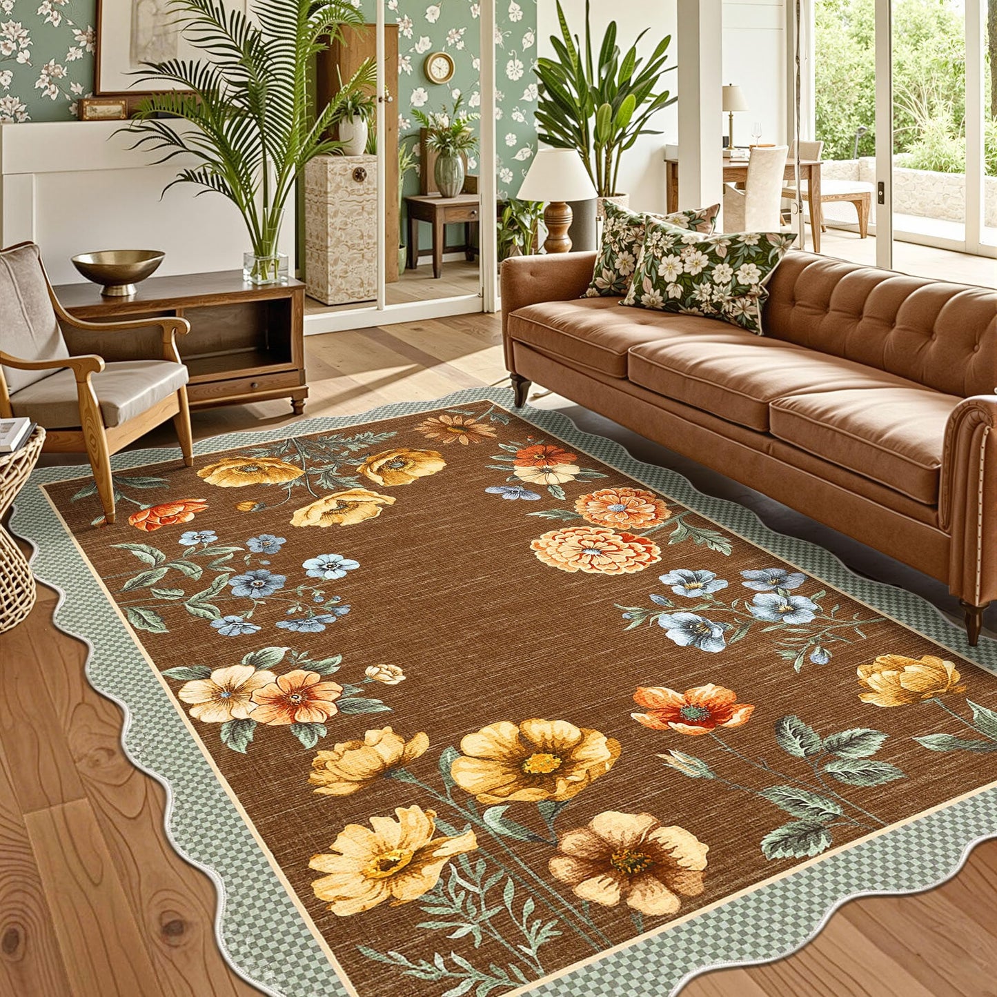 GarveeHome Floral Scalloped Washable Rugs 8x10, Non-Slip Low Pile Living Room Rugs 8x10, Soft Bedroom Rug Stain Resistance Boho Botanical Brown Rug with Rubber Back for Dining Room, Coffee
