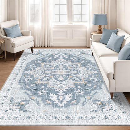TTelephant 6x9 Area Rugs for Living Room, Soft Non-Slip Vintage Medallion Rug, Low-Pile Printed Washable Blue Gray Rug for Living Room, Bedroom, Dining Room, Nursery -Blue/Gray