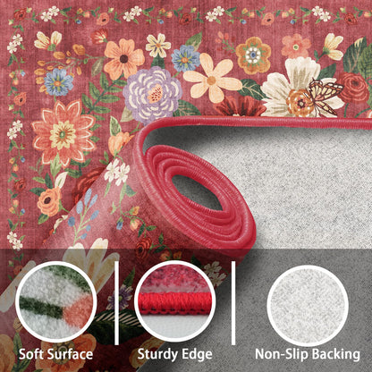 Babovid Area Rugs 10x14 for Living Room, Non Slip Machine Washable Floral Rugs, Low Pile Lightweight Large Rug for Bedroom, Dining Room, Home Office, Red Garden
