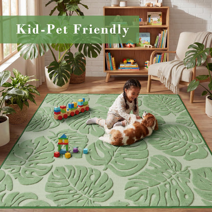 Sage Green Monstera Area Rug 5x7, High-Low Plush Pile Washable Rugs for Living Room Bedroom, Tropical Non Slip Nursery Carpet Soft Indoor Shag Rugs for Dining Room