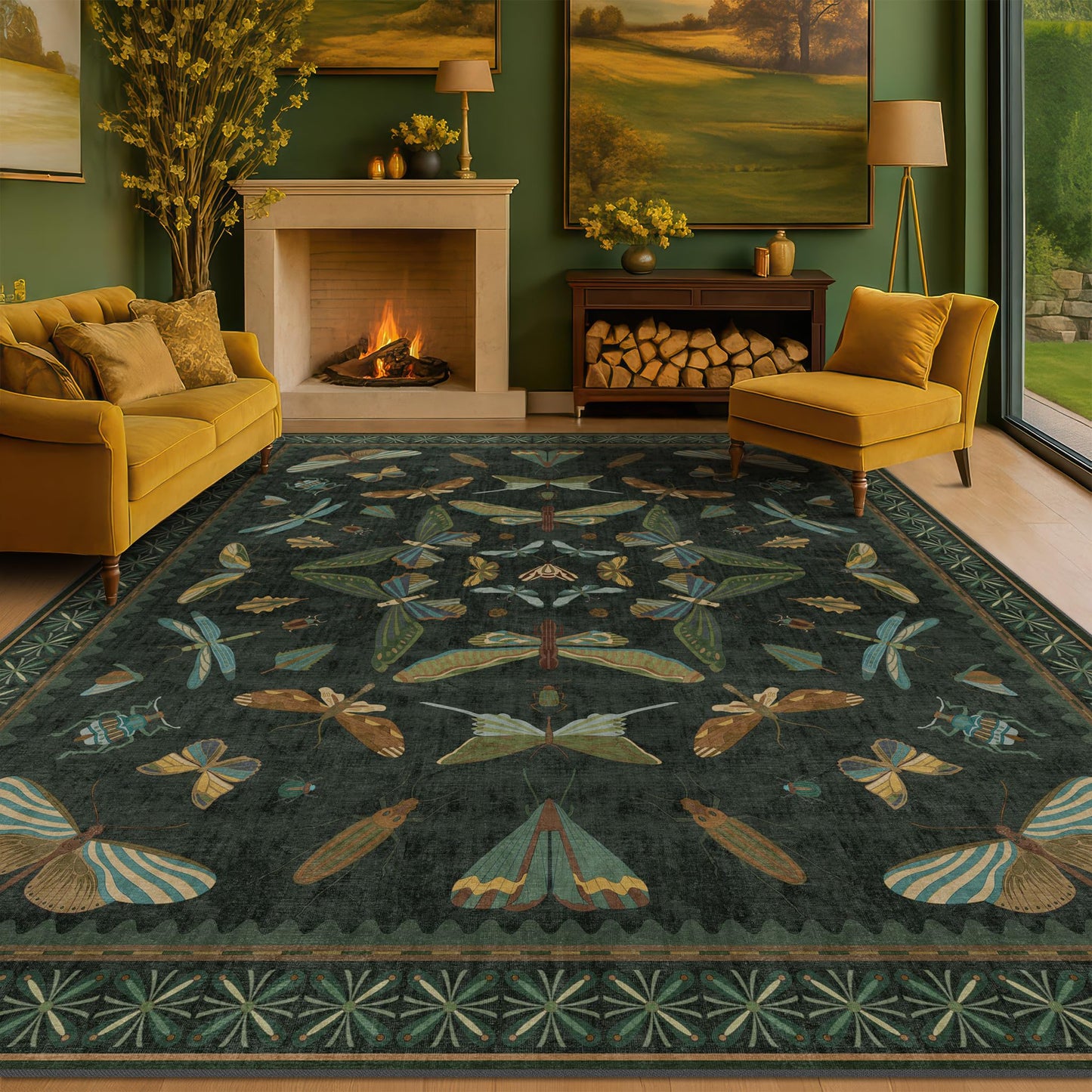 Hazo Haus Dark Green Insect Area Rugs 8x10 for Living Room, Dining Room Under Table, Bedroom, Unique Washable Floral Non Slip Low Pile Soft Rug