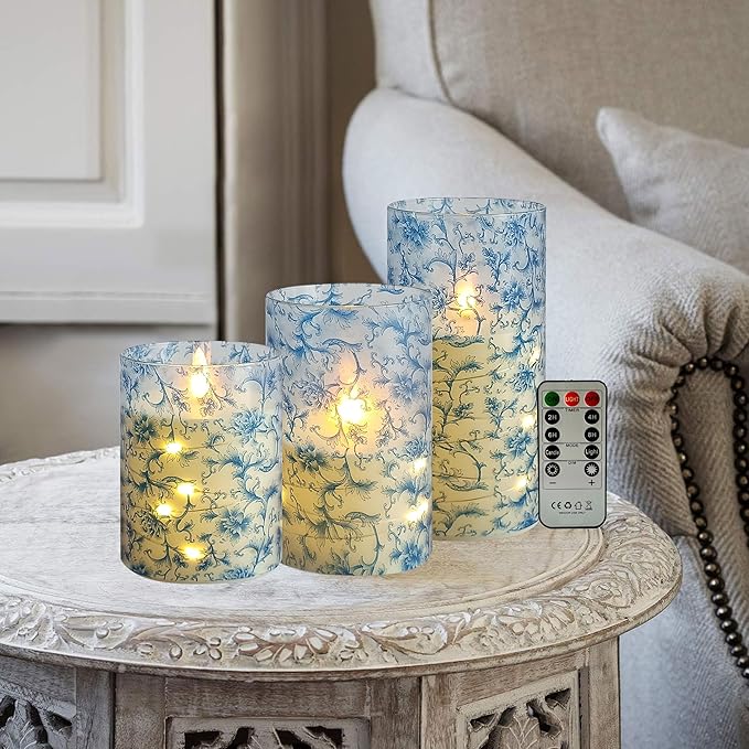 Flickering Flameless Candles Blue Floral Print, Embedded Star String Lights, Battery Operated Acrylic LED Pillar Candles with 11-Key Remote and Timer for Home Decoration, 3 Pack