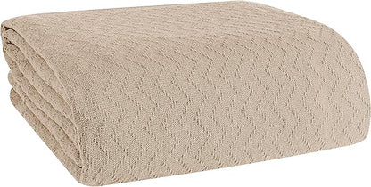 BELIZZI HOME 100% Cotton Bed Blanket, Breathable Thermal Blanket Full - Queen Size, Soft Chevron 90''x90'', Perfect for Layering Any All Season, Beige, Biege, (90''x90'')