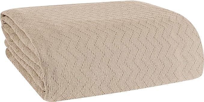 BELIZZI HOME 100% Cotton Bed Blanket, Breathable Thermal Blanket King Size, Soft Chevron 90inchx102inch, Perfect for Layering Any All Season, Beige, Biege, (90inchx102inch)