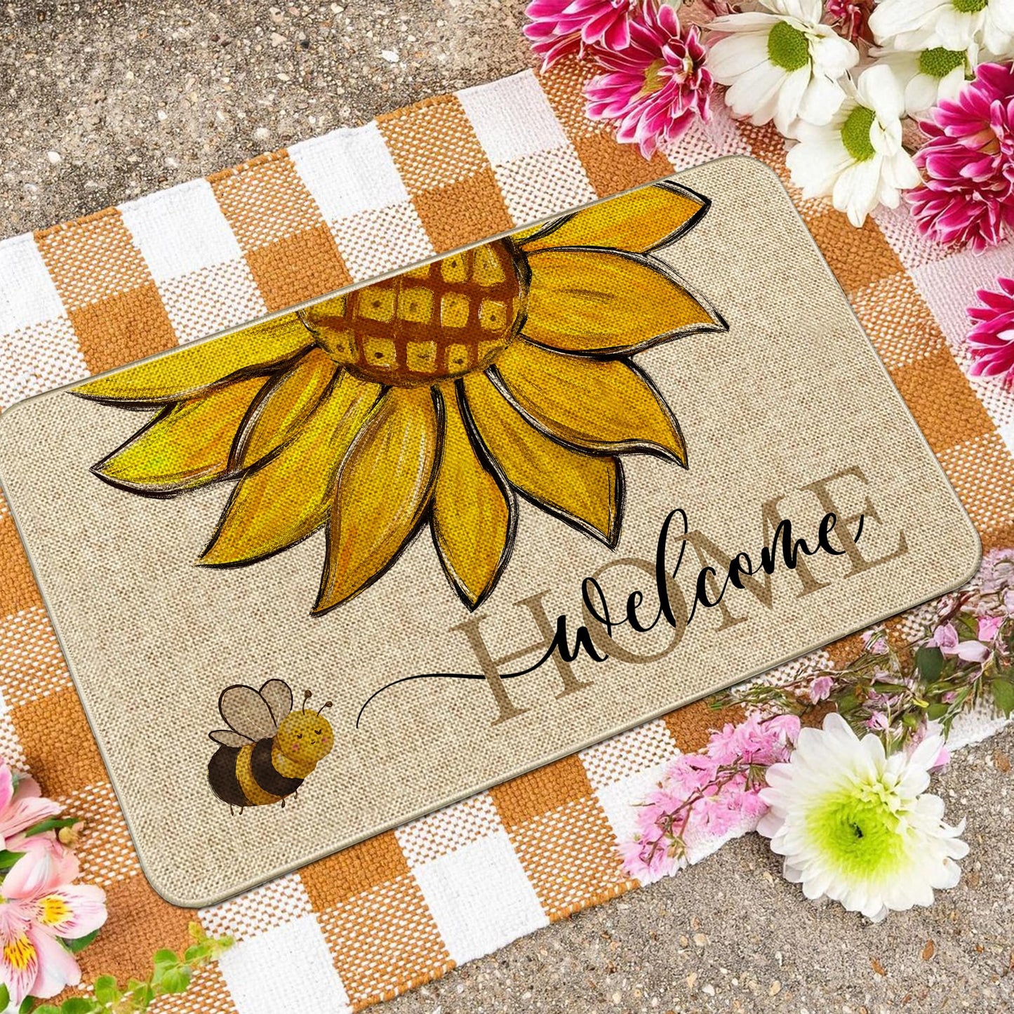 Wylumen Sunflower Welcome Doormat 17"x29", Non Slip Door Mat Indoor Entrance, Hello Indoor Front Door mat, Spring Summer Outdoor Entrance Mat, Low Profile Design Patio Porch Entryway Mats