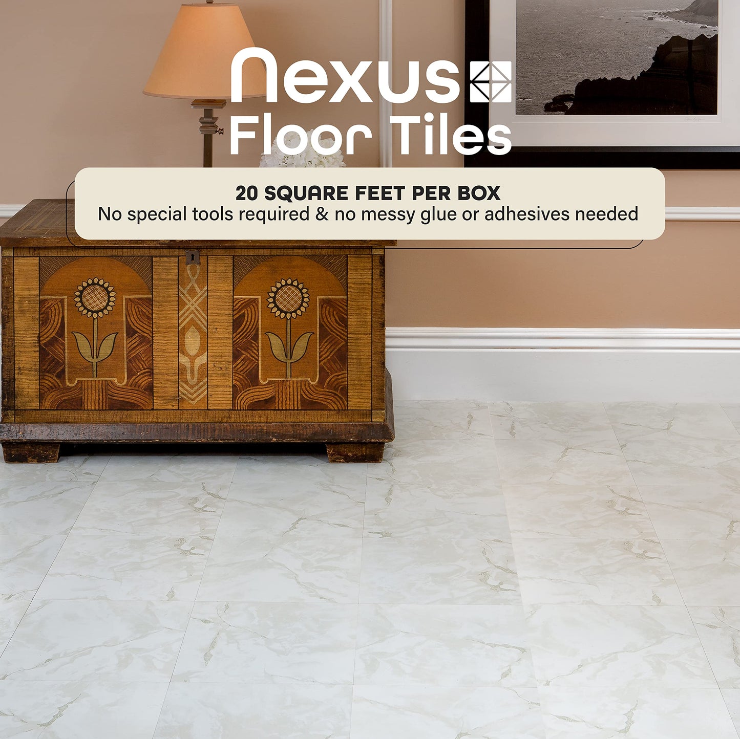 Nexus Self Adhesive 12-Inch Vinyl Floor Tiles, 20 Tiles - 12" x 12", Classic White w/Grey Veins Pattern - Peel & Stick, DIY Flooring for Kitchen, Dining Room, Bedrooms & Bathrooms by Achim Home Decor