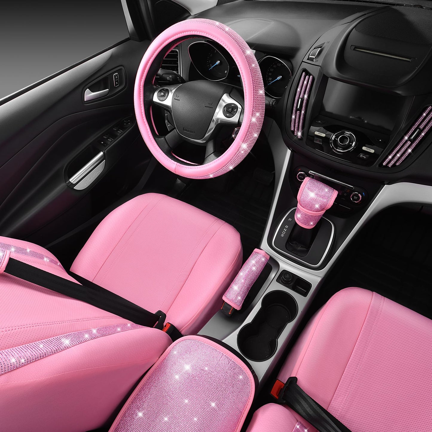 CAR PASS 24 PCS Pink Bling Diamond Accessories Set for Women, Leather Seat Covers, 15'' Steering Wheel Cover, Shining Rhinestone Sparkly Hooks, Coasters, Cute Interior Decorations
