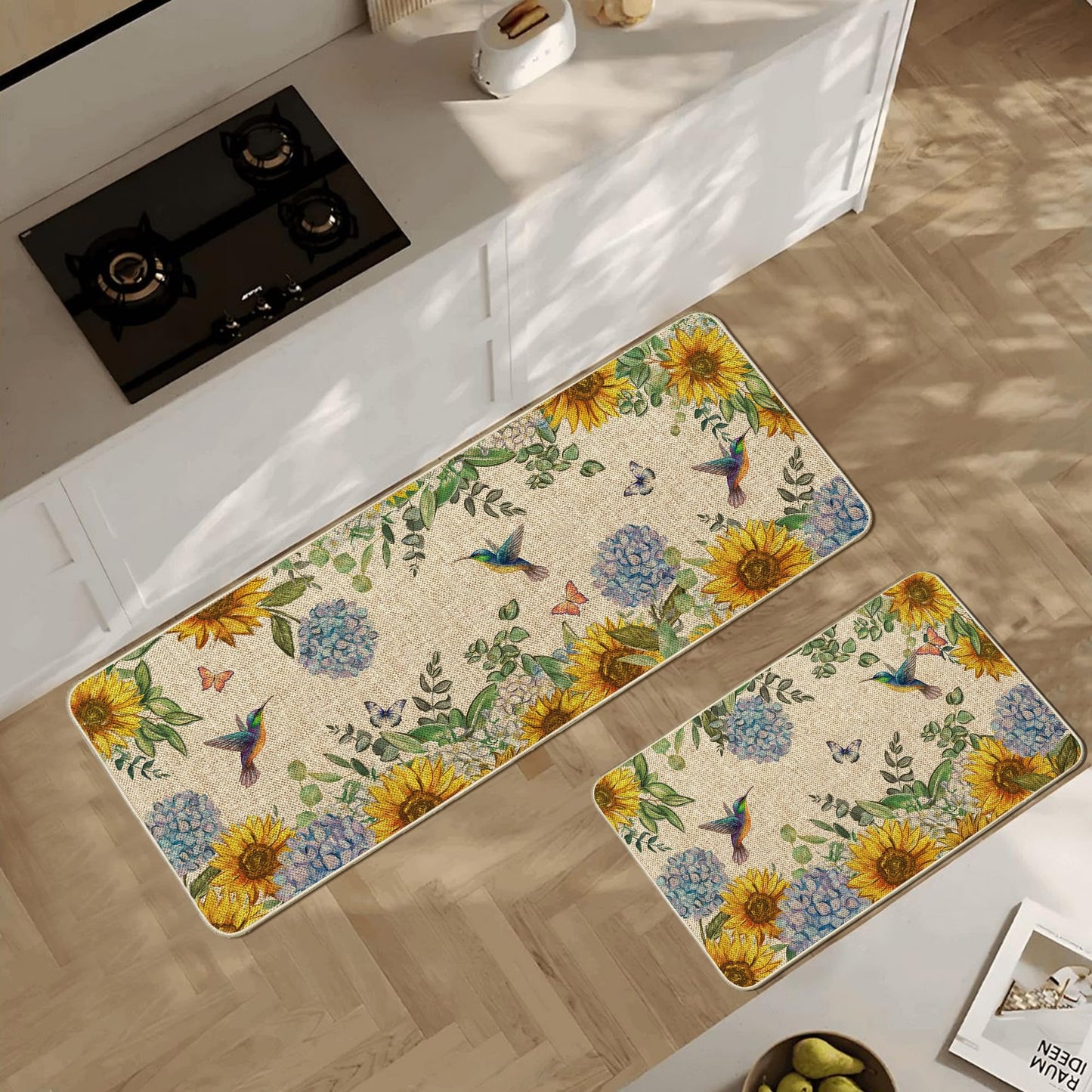 Tikeciti Spring Summer Sunflower Blue Hydrangea Kitchen Mats Set of 2, Butterflies Kitchen Rugs Seasonal Hummingbirds Holiday Floor Non-Slip Low Profile Mat Farmhouse Home Decor 17x29 and 17x47 Inch