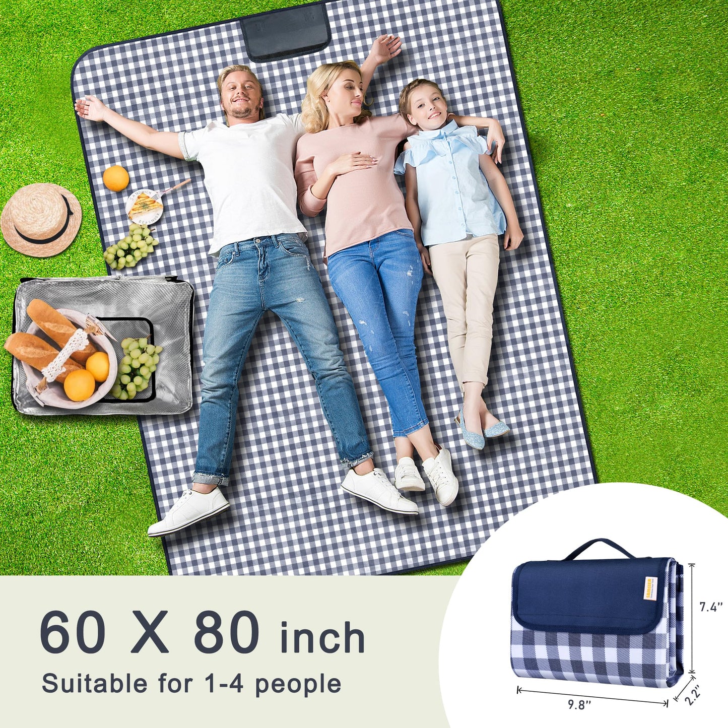 SAMSIER Outdoor Picnic Blankets Waterproof Foldable Sandproof, Large Gingham Cute Picnic Mat Washable Portable for Park Beach Camping Courtyard (Navy Blue, 60"×80")