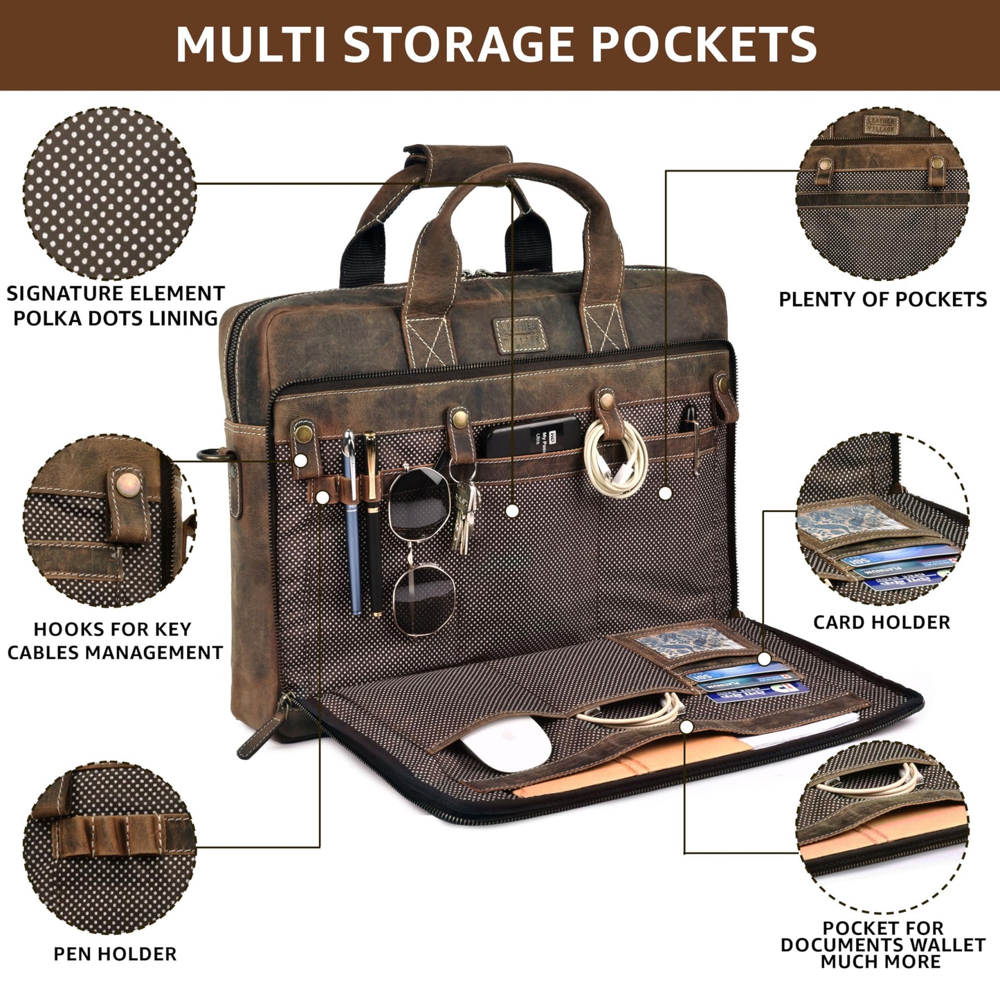 LEATHER VILLAGE 18" Leather Laptop Messenger Briefcase Bag for Men-Leather Satchel for Travel and Office Shoulder Bag-Rustic Brown