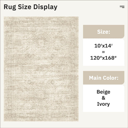 Soalmost 10x14 Area Rugs for Living Room, Non Slip Machine Washable Vintage Rugs, Low Pile Lightweight Large Rug for Bedroom, Dining Room, Home Office Beige