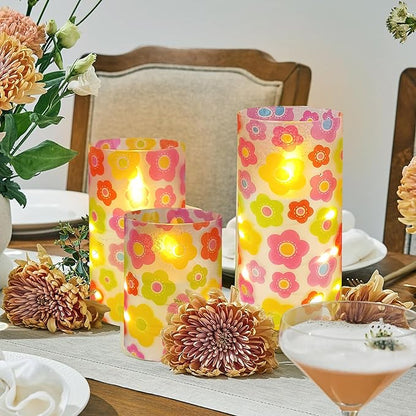Flickering Flameless Candles Cute Colorful Flowers Print Embedded Star String Lights, Battery Operated Acrylic LED Pillar Candles with 11-Key Remote and Timer for Home Decoration, 3 Pack