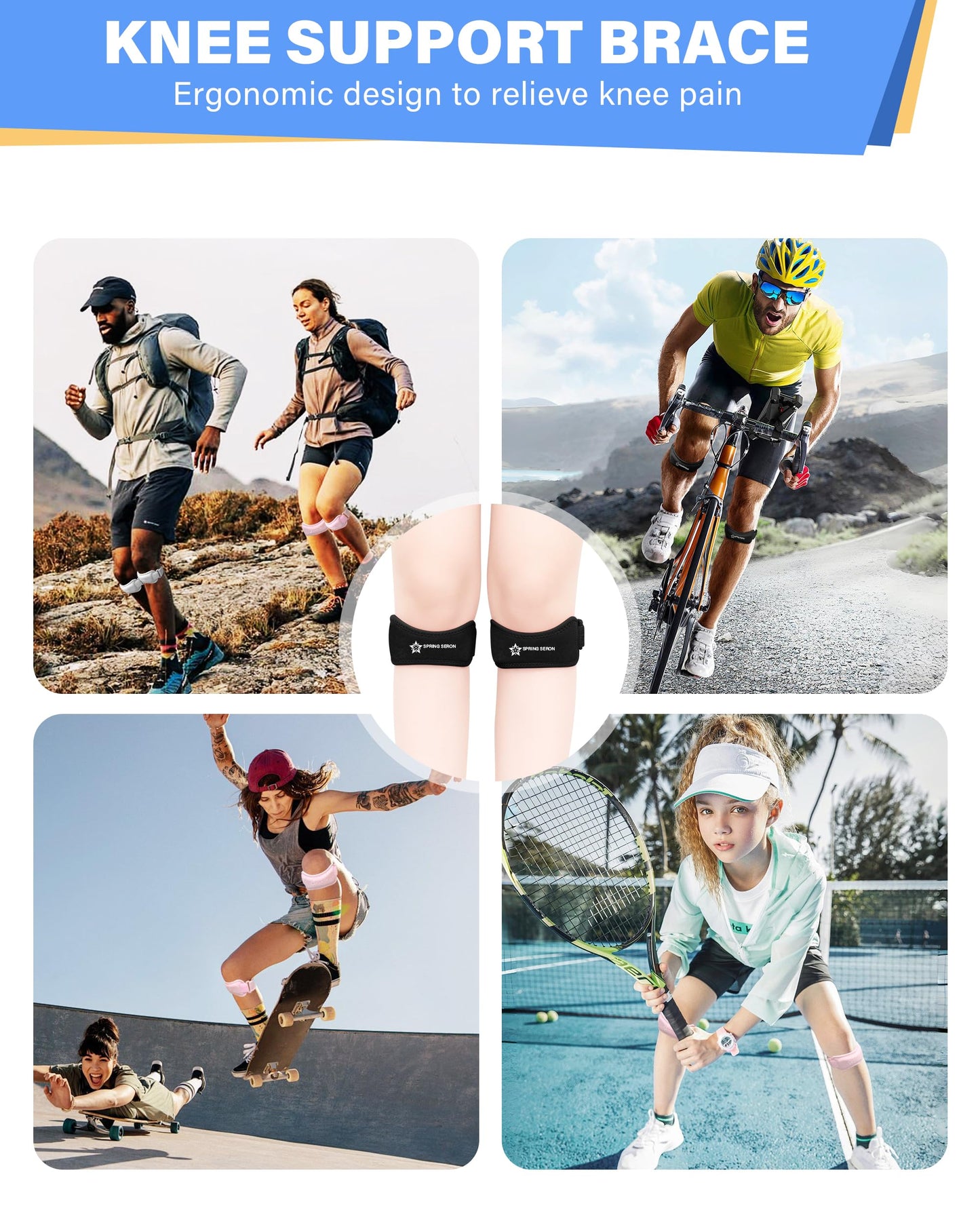 SPRING SEAON Patella Knee Strap 2 Pack, Adjustable Patellar Tendon Support Band, Knee Brace Strap for Knee Pain Relief, Running, Basketball, Volleyball, Hiking, Squats, Youth & Adults (Black)
