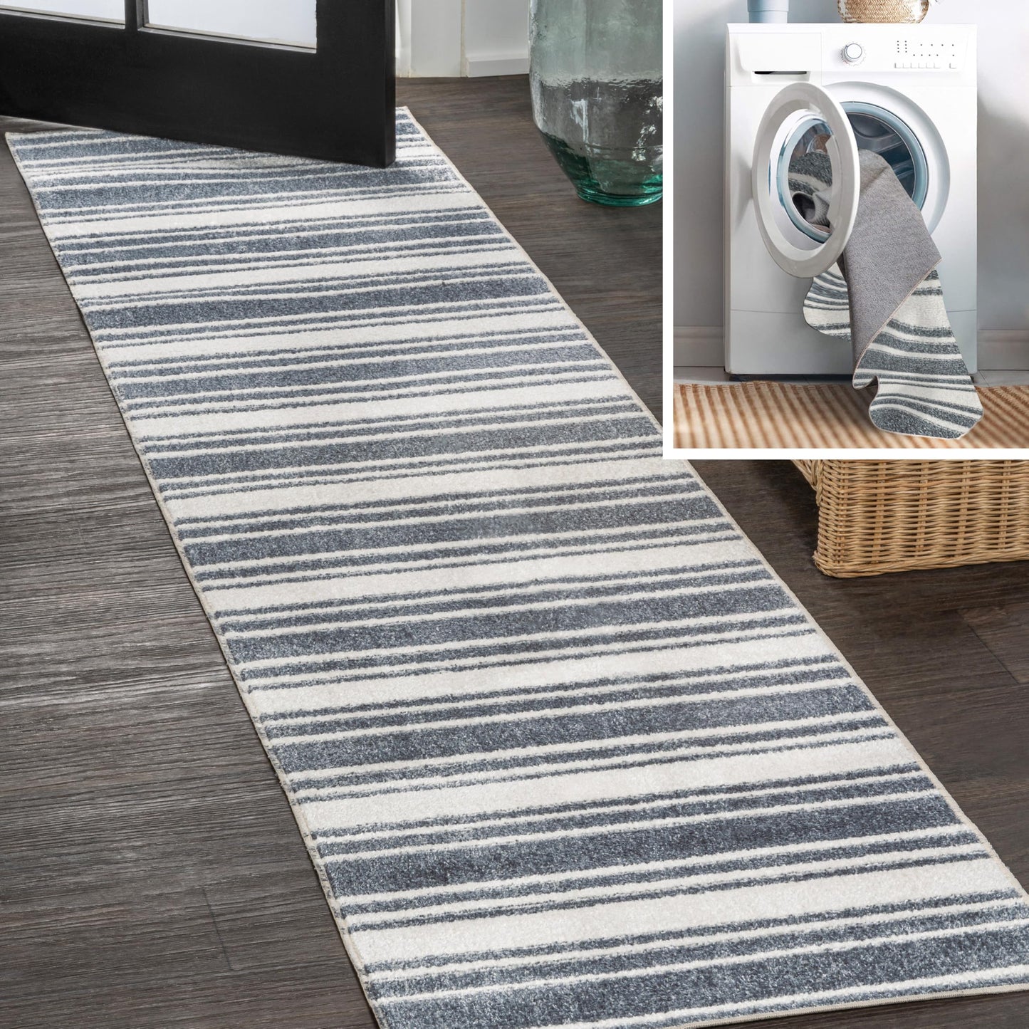 JONATHAN Y Machine Washable Cream/Dark Gray Runner Rug 2X8 ft, Fawning Two-Tone Striped Classic Low-Pile for Living Room, Bedroom, Kitchen, Office, Easy-Cleaning, Pet-Friendly Non-Shedding WSH304A-28