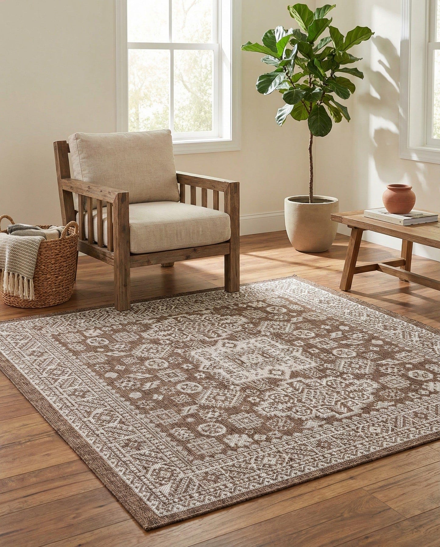 Rugs.com - Outdoor Aztec Rug – 5 Ft Square Brown Indoor/Outdoor Rug – Durable, Easy-Clean, Perfect for Patios and Porches