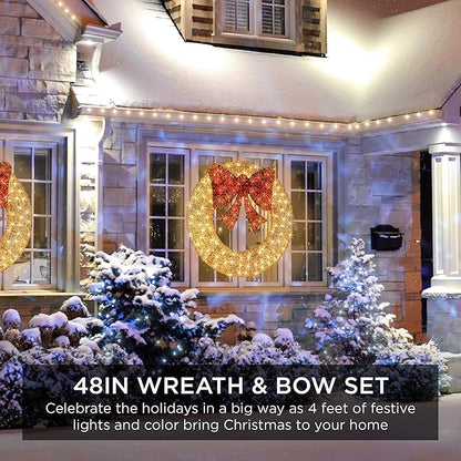 Best Choice Products 48in Pre-Lit Outdoor Christmas Wreath Decoration, LED Metal Holiday Decor for Home w/ 140 Lights, Bow - Gold/Red